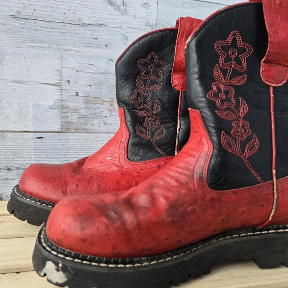Roper Leather Ostrich Print Floral Red Black Western Boots Womens Size 7 - Picture 6 of 16